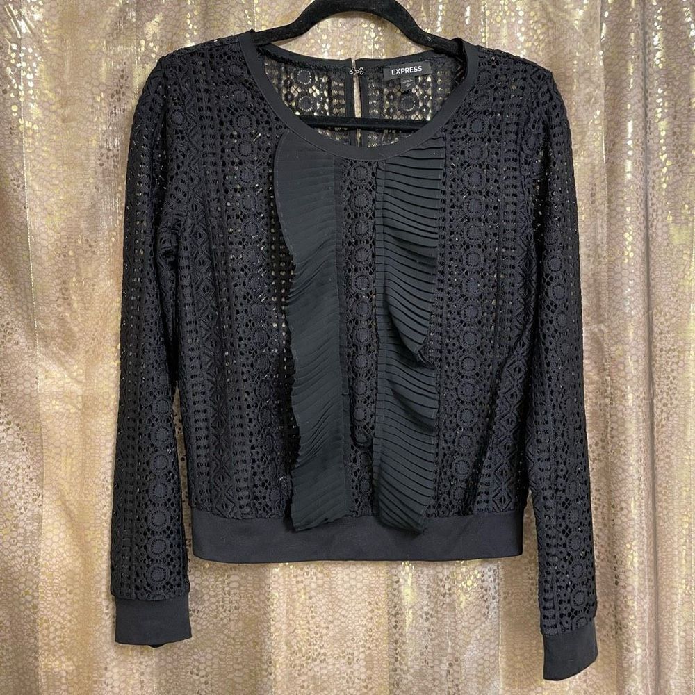 Express Black Embroidered Knit Ruffle Front Long Sleeve Top XS